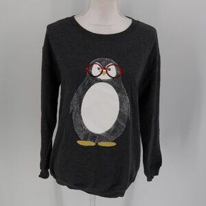 Women's Gray Christmas Penguin Sweatshirt w Red Sequin Glasses Size Small
